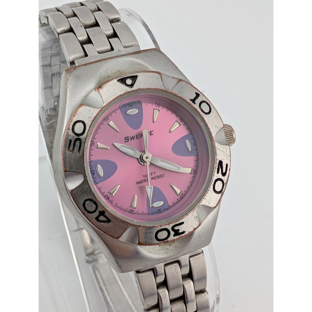 Swerve Watch Women 28mmโ Case Pink Dial Silver 6.5" Band- New Battery